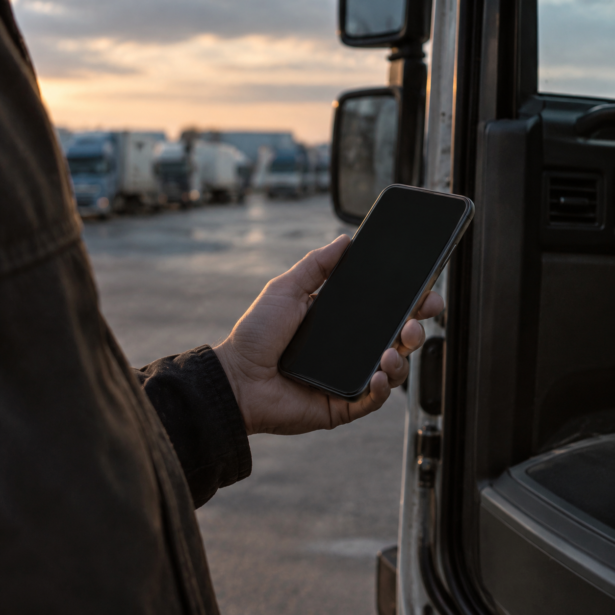 Ruka s mobilným telefónom počas hovoru pri kabíne nákladného auta